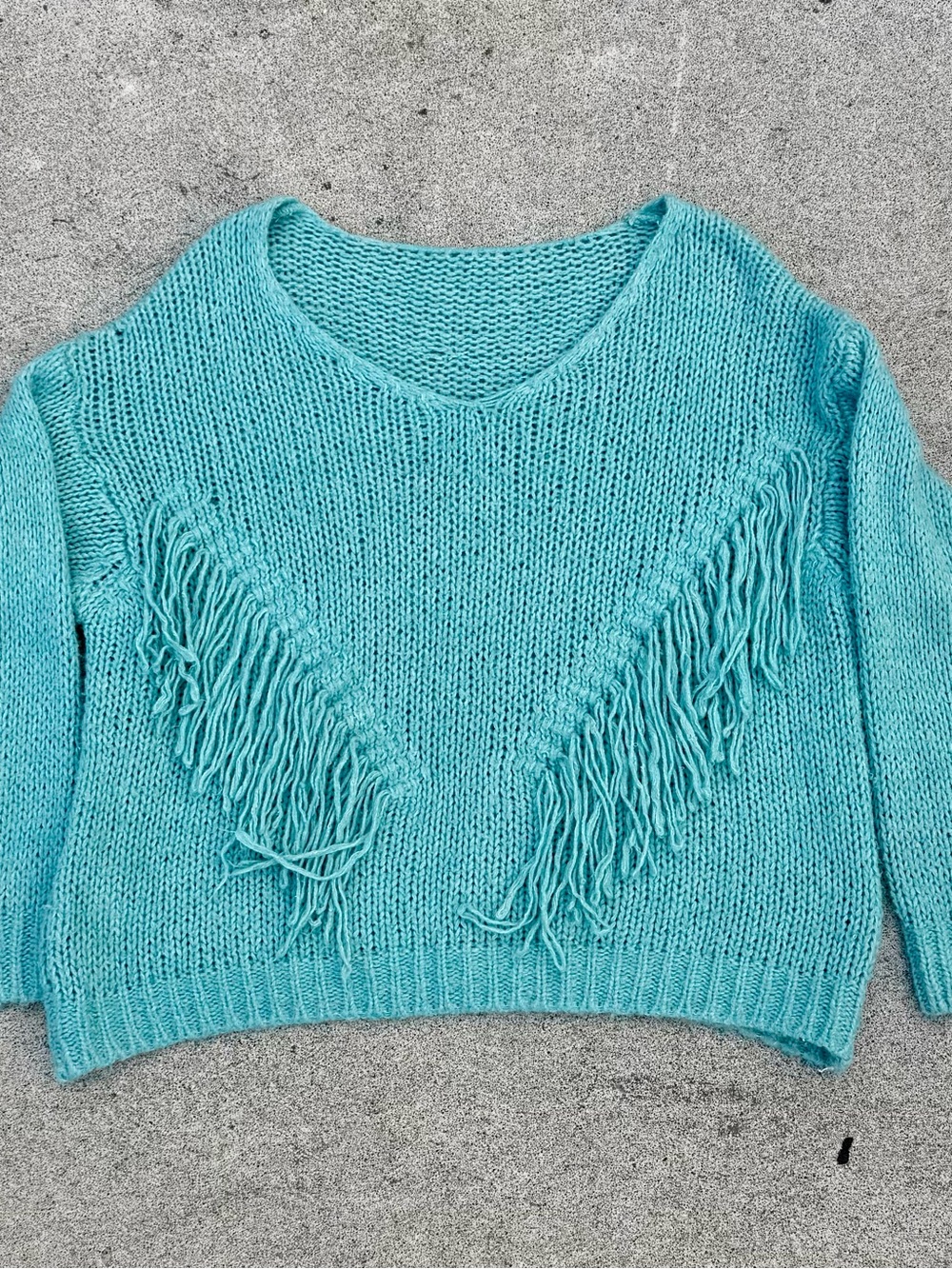 Teal Fringe Women's Off the Shoulder Sweater
